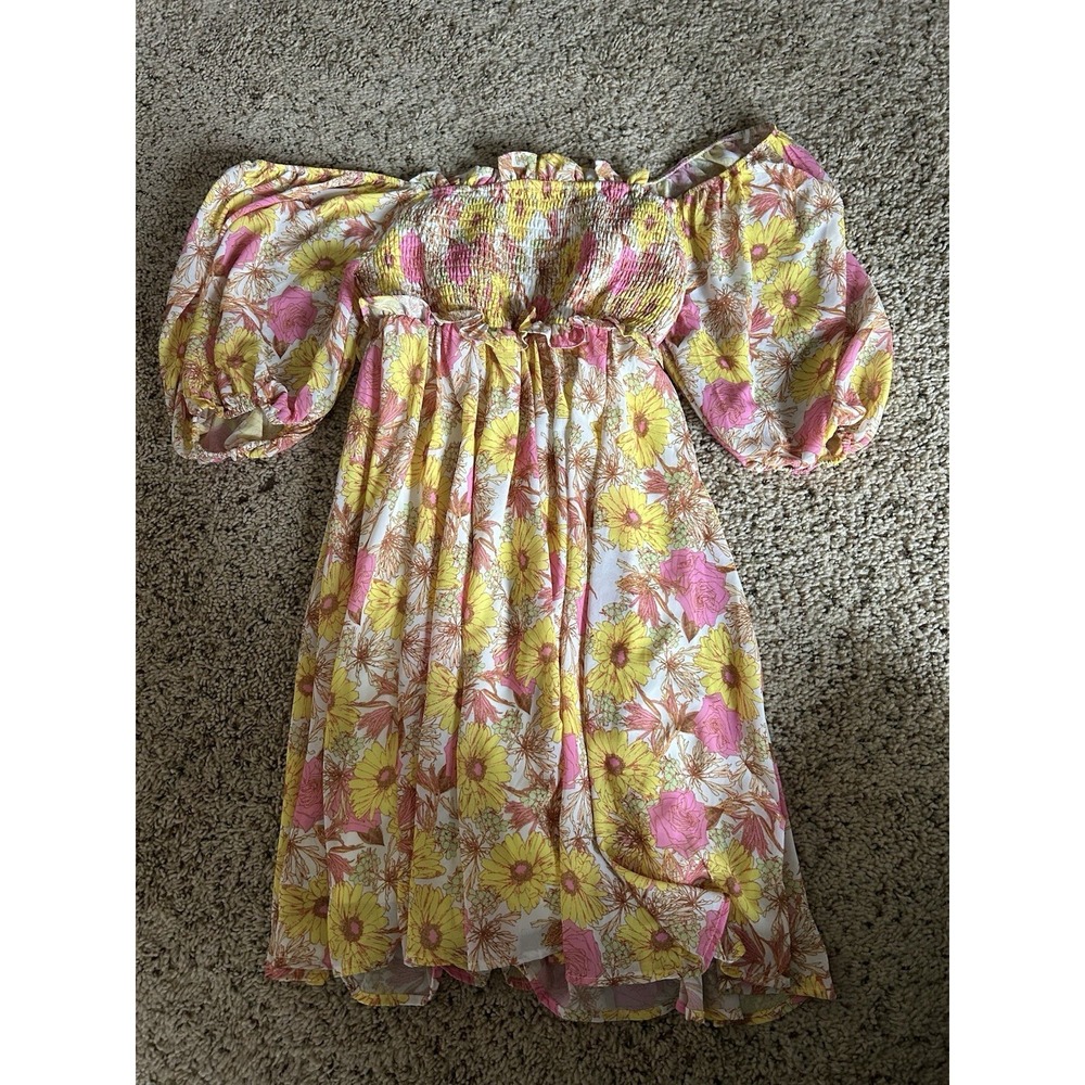 Flying Tomato Women's Mini‎ Dress Yellow Floral Print, Long Sleeves, Size L